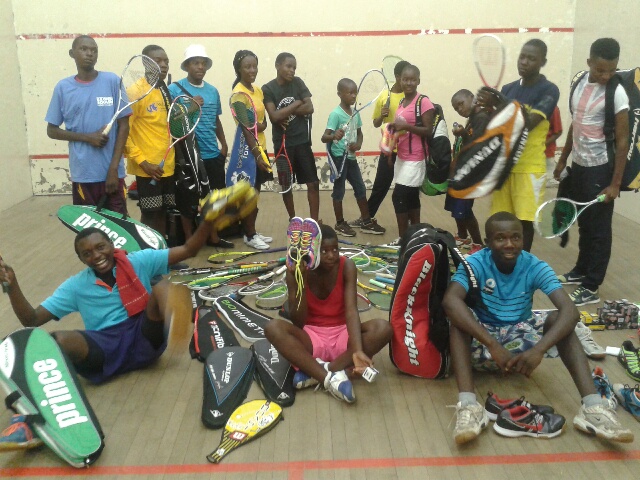 Donated squash gear in Zimbabwe