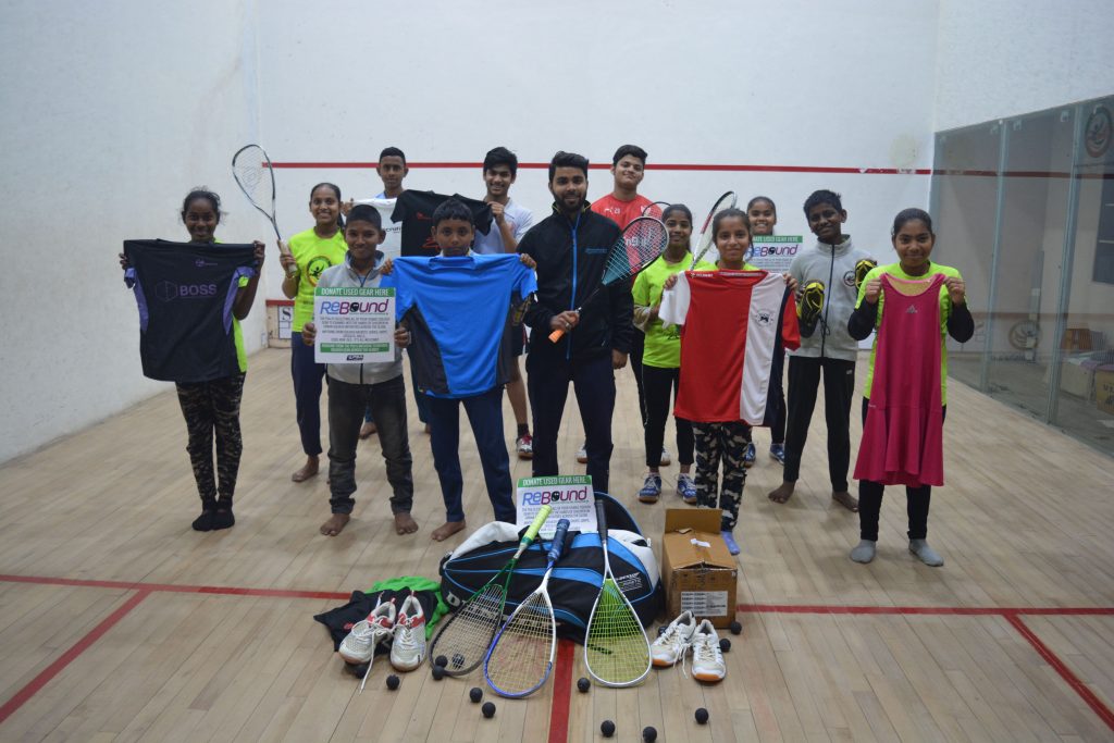 Donated squash gear in India